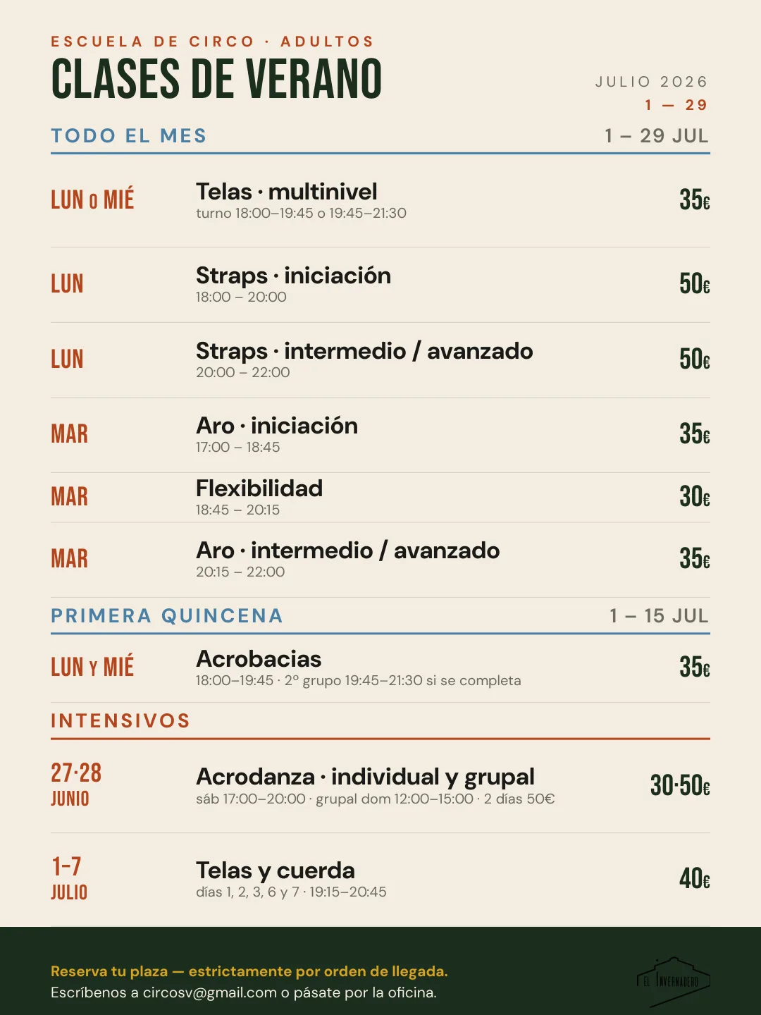 Horario de las clases de circo de verano 2026 en El Invernadero (Madrid)