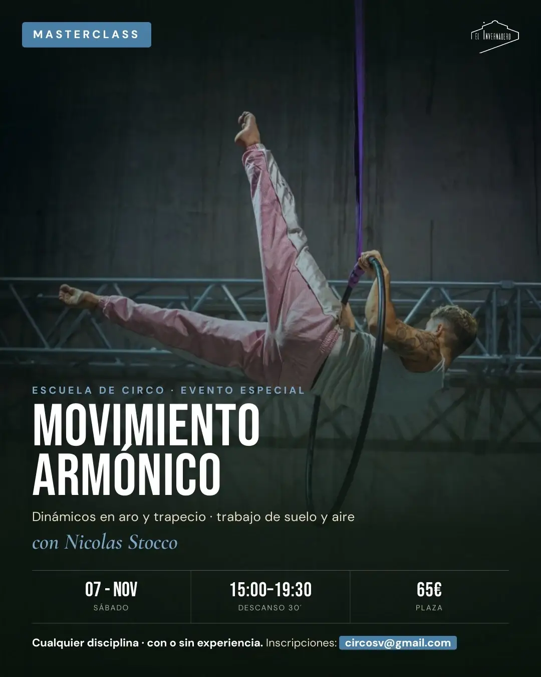 Cartel de la masterclass Movimiento Armónico con Nicolas Stocco, 26 de septiembre en El Invernadero